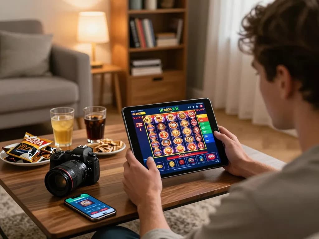 Engaging in online casino gaming at home with G28 TRANG CHỦ on the tablet, showcasing strategy notes and relaxed atmosphere.