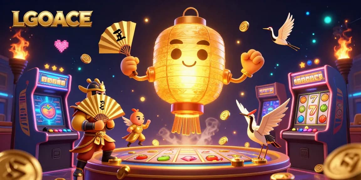 LGOACE slot experience featuring a giant lantern spirit and vibrant casino elements.
