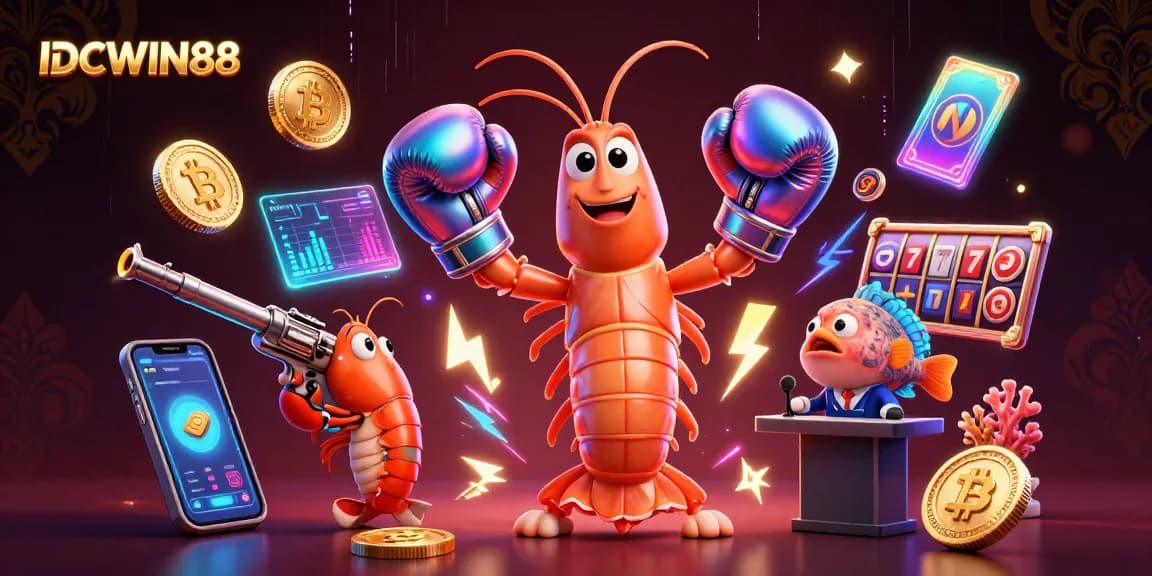 Experience thrilling gameplay with IDCWIN88 as vibrant characters engage with dynamic slot reels and crypto coins.