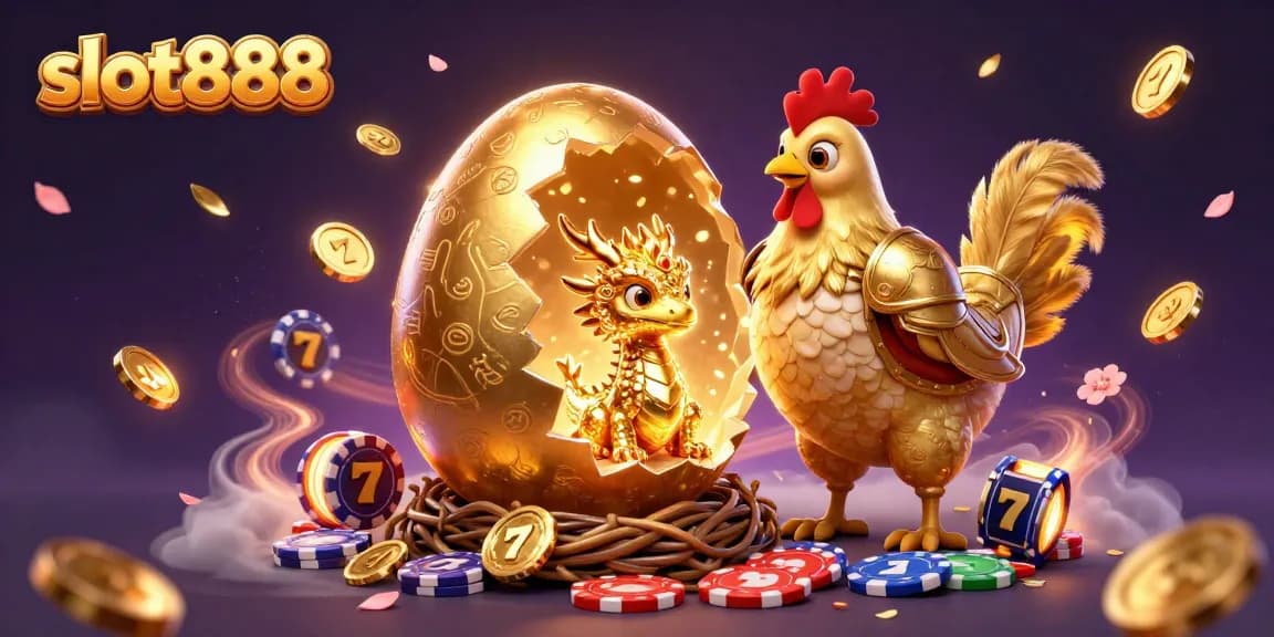 Permainan slot888 yang seru dengan naga emas dan chip poker mengelilingi momen menang yang menarik.