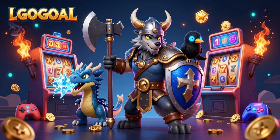 Spin the reels at LGOGOAL while a Viking wolf warrior battles alongside a fierce dragon in a vibrant casino.