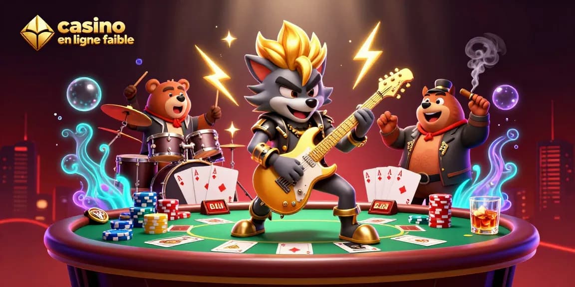 Vivez l'expérience d'un casino en ligne fiable avec un loup rock star et un ours batteur sur scène.