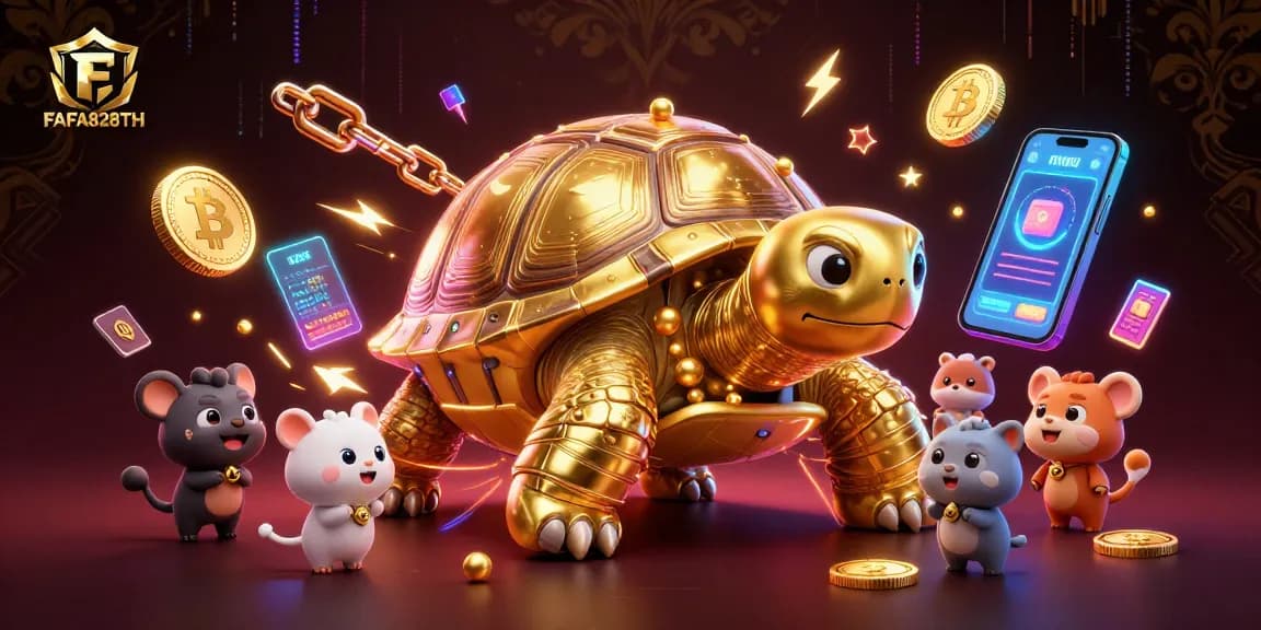 Engage with FAFA828TH in a vibrant 3D casino scene featuring golden tortoise pinball.
