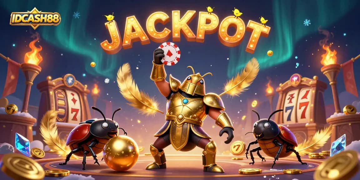Win big with IDCASH88 as cartoon beetles celebrate a jackpot in a vibrant casino scene.