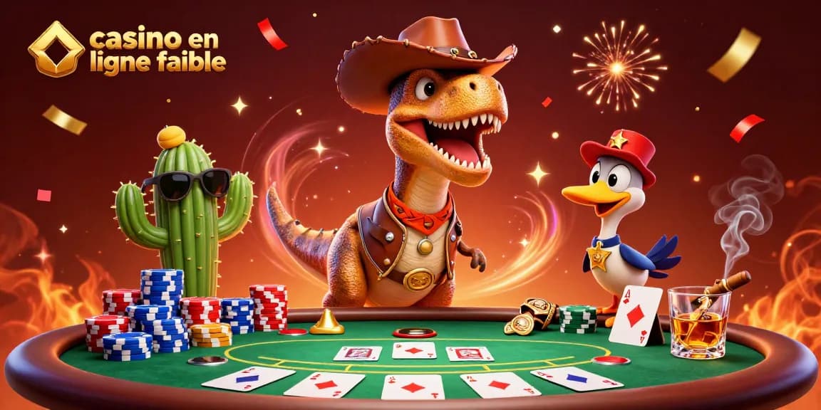 Jouez à casino en ligne fiable avec un T-Rex cowboy et des éléments de poker animés.