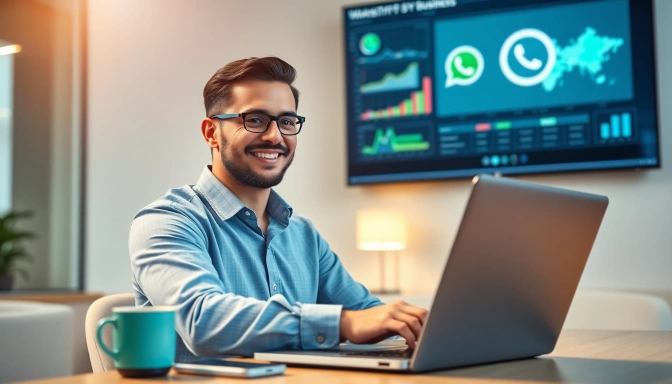 Utilize https://whatalker.com through a professional businessman engaging with WhatsApp Business CRM in a modern office.