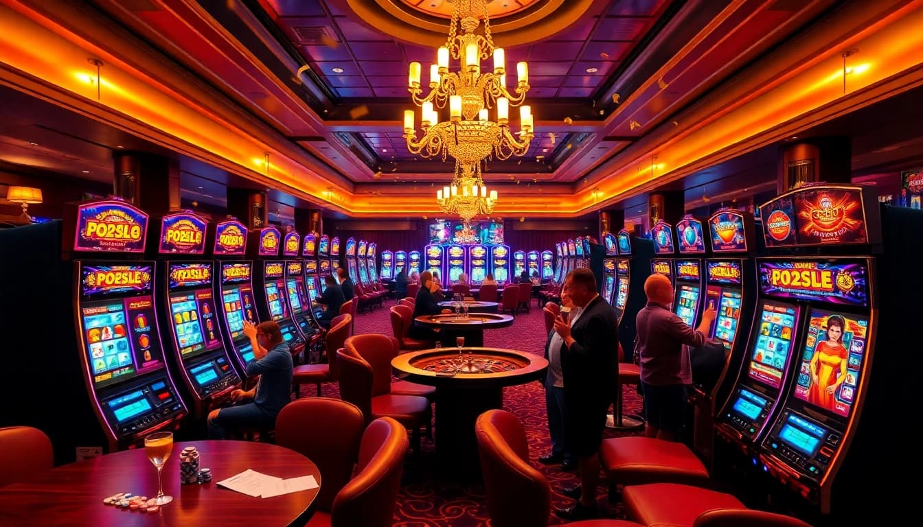Pemain slot pulsa menikmati pengalaman kasino yang seru dengan mesin yang berwarna-warni dan chip poker.