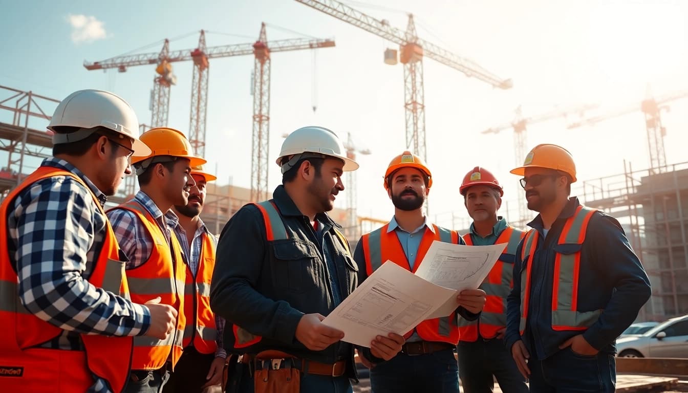 Construction network association fostering teamwork in a vibrant building site scene.