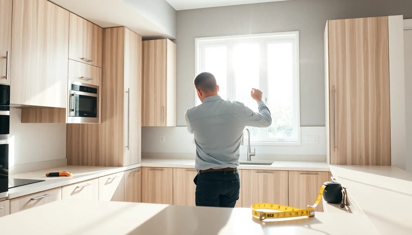 Skilled kitchen installer adjusting cabinets in a modern kitchen with elegant finishes.