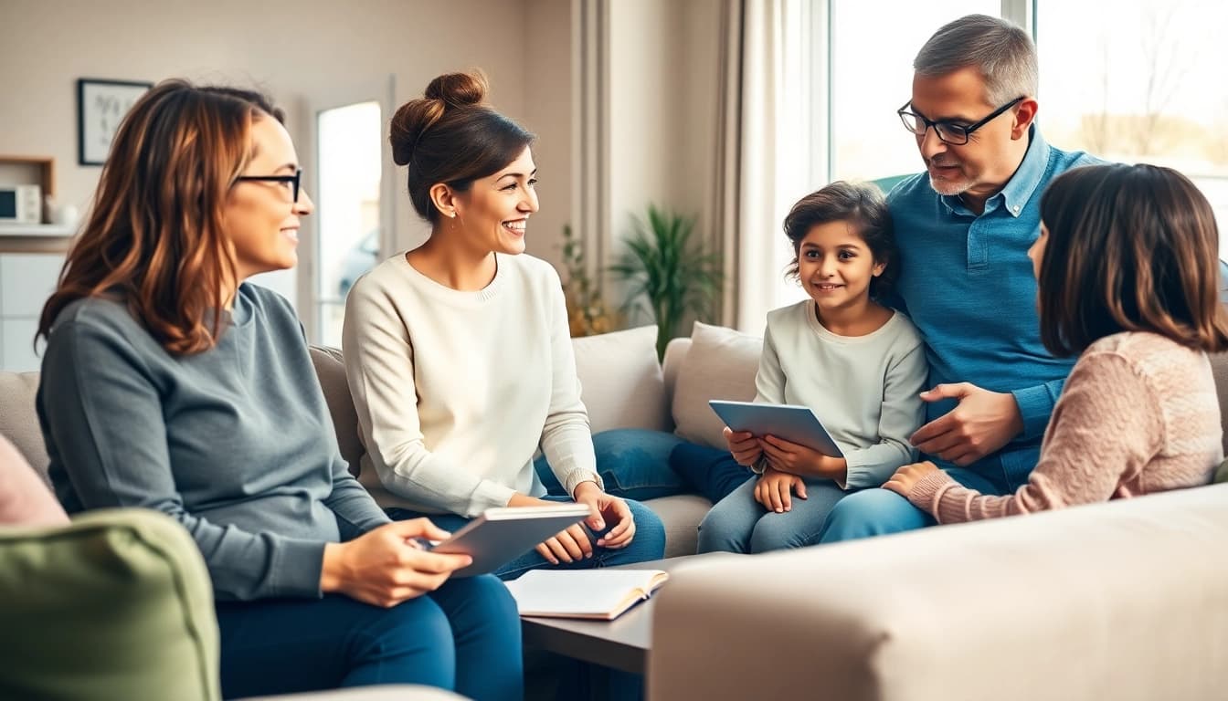 Discussing auto and home protection plans with family in a cozy living room environment.