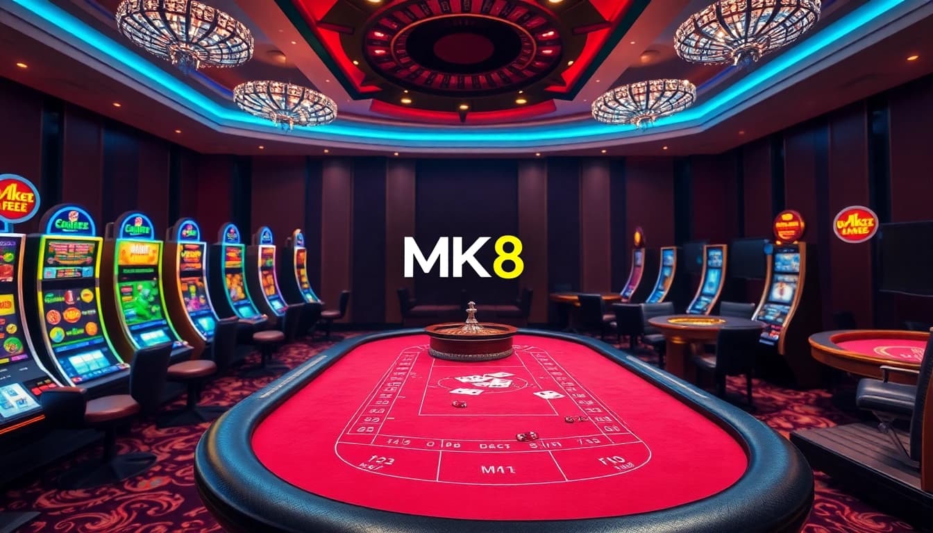 Players enjoy a thrilling MK8 gaming experience at a luxurious casino table, surrounded by vibrant slot machines.