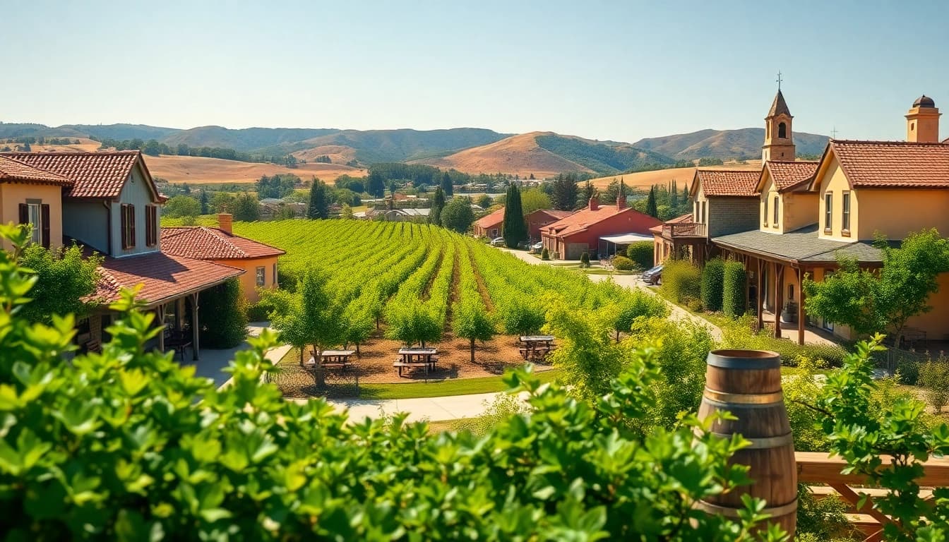 Vibrant landscape of Clarksburg, CA with vineyards and historic buildings.