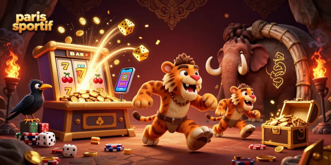 Paris sportif: mise en scène dynamique de deux personnages et casino préhistorique avec jetons et dés en os.