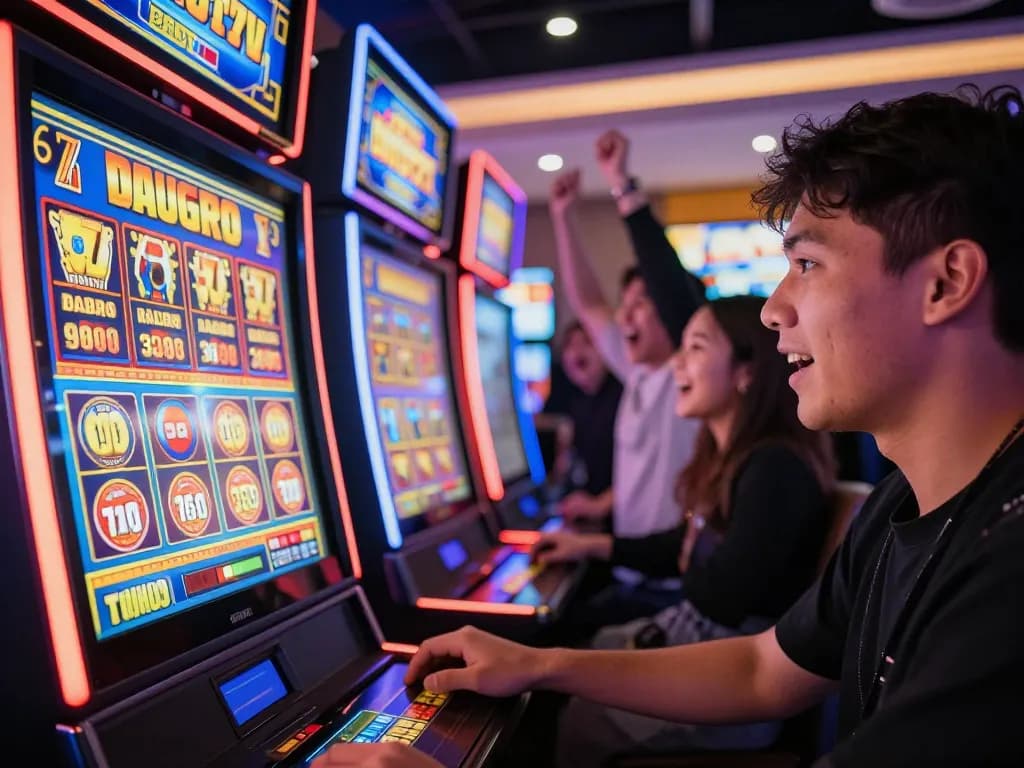 Experience slot gacor malam ini in action as a player spins the reels, celebrating wins in a vibrant casino atmosphere.