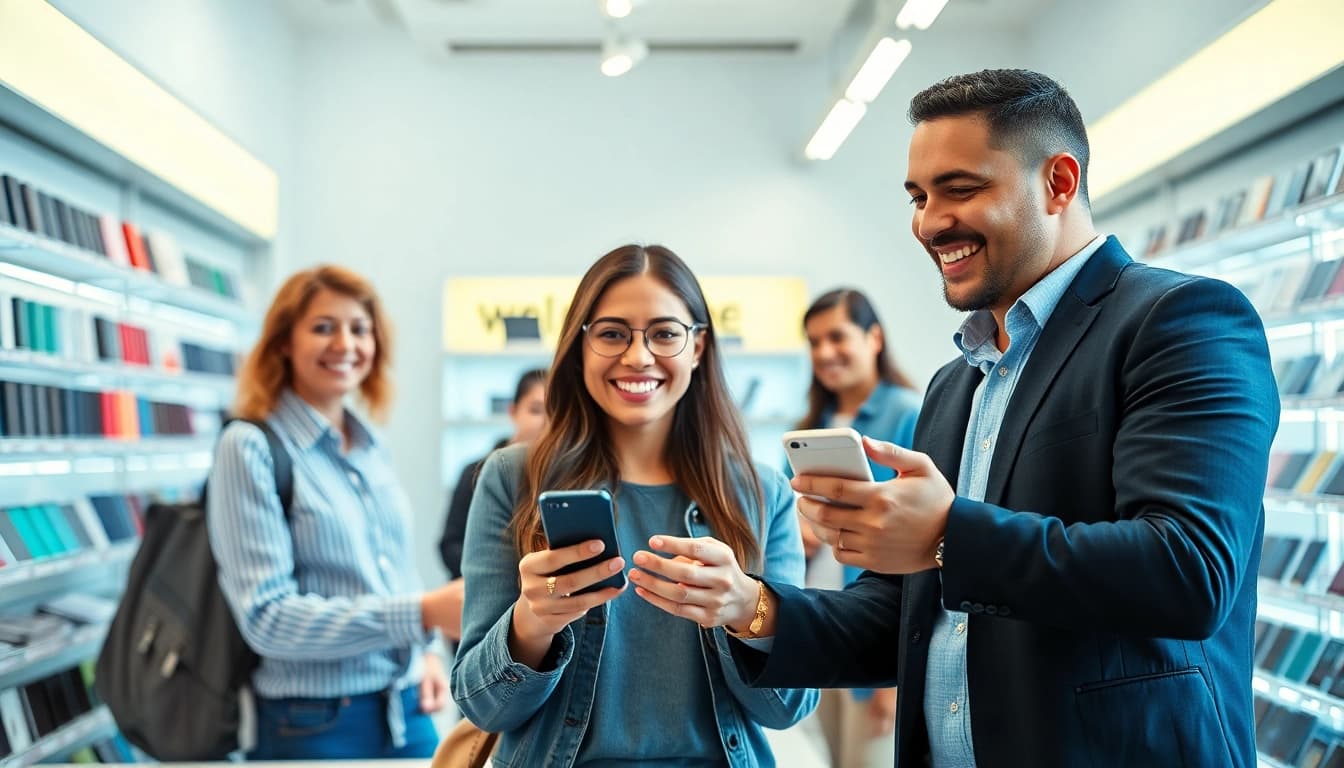 We buy old phones from happy customers in a modern store environment.