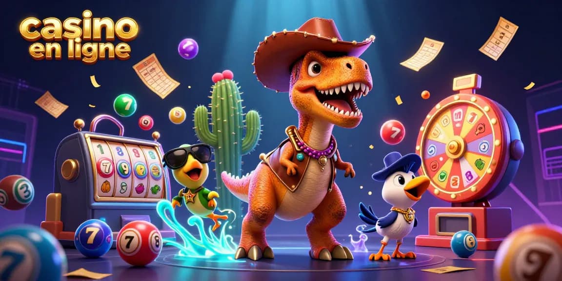 Découvrez des jeux captivants au casino en ligne avec un T-Rex cow-boy et un cactus en pleine action.
