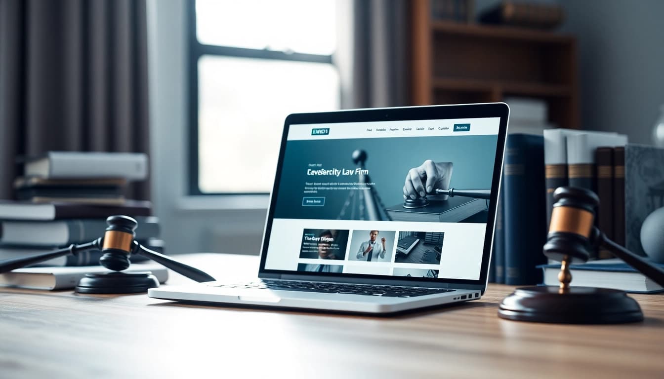 View of a law firm website design on a laptop, highlighting https://www.lawfirmswebsitedesign.com features.