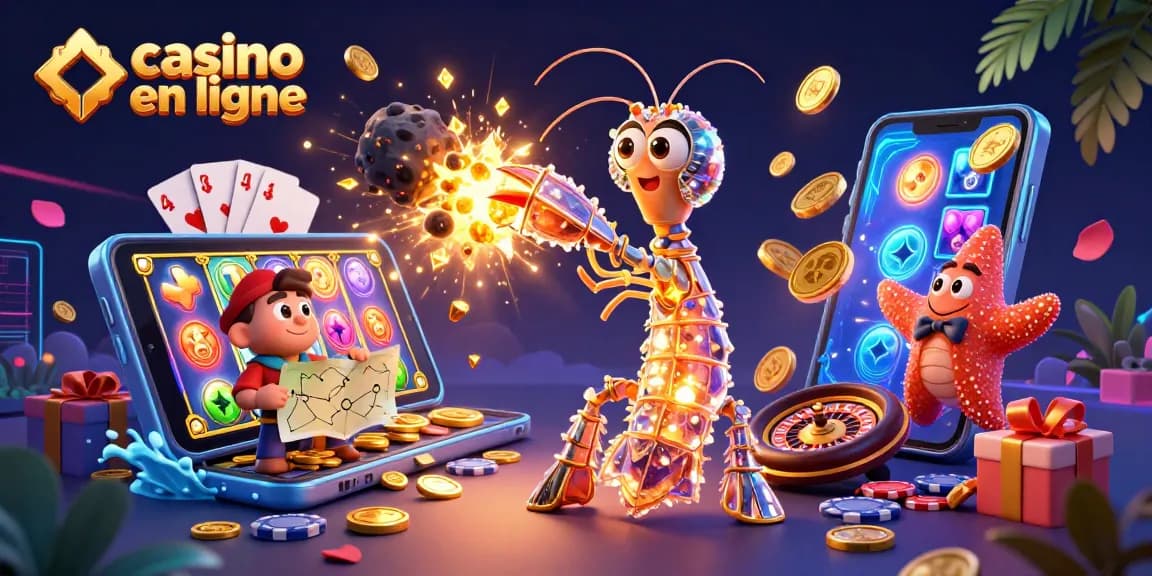 Jouez au casino en ligne avec notre illustration dynamique remplie de pièces d'or et d'écrans de jeu.