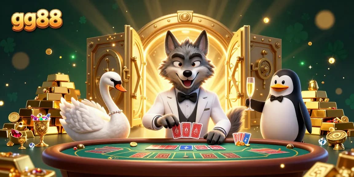 Experience the excitement of gg88 with a lively casino scene featuring a debonair wolf, elegant swan, and sophisticated penguin.