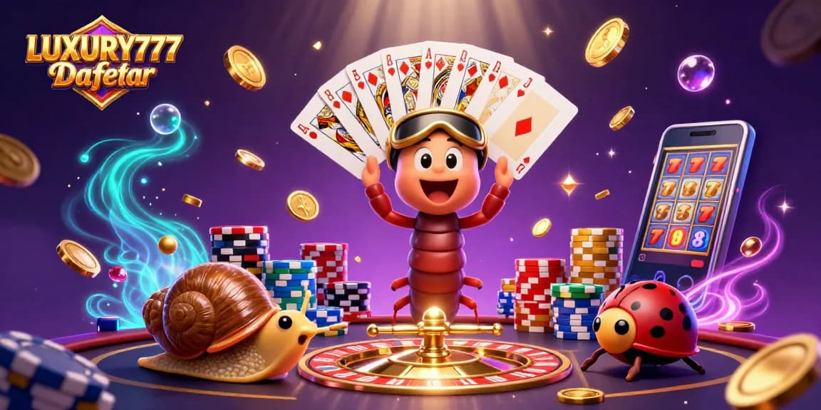 Menyambut pengalaman judi terbaik dengan LUXURY777 Daftar, dealer kartun dan elemen kasino menyala.