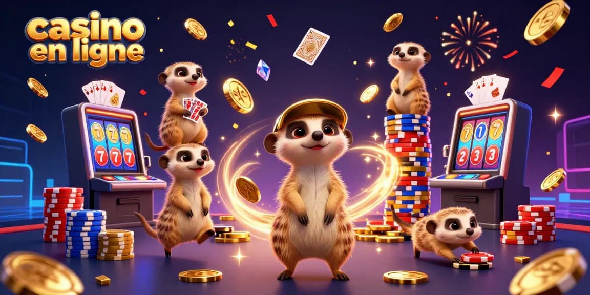 Illustration animée mettant en scène une opération de casino avec des suricates, illustrant le casino en ligne dynamique et animé.
