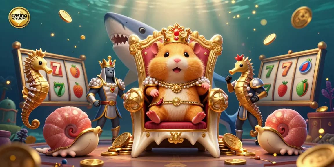 Visuel captivant illustrant le roi hamster en or sur un trône de dent de mégalodon dans un casino en ligne.