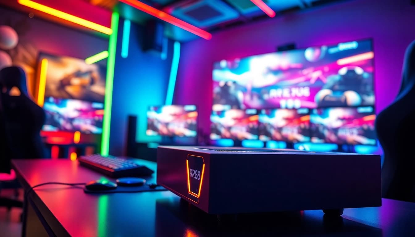 RR88 gaming console highlighted in a vibrant gaming setup showcasing dynamic scenes and innovative design.