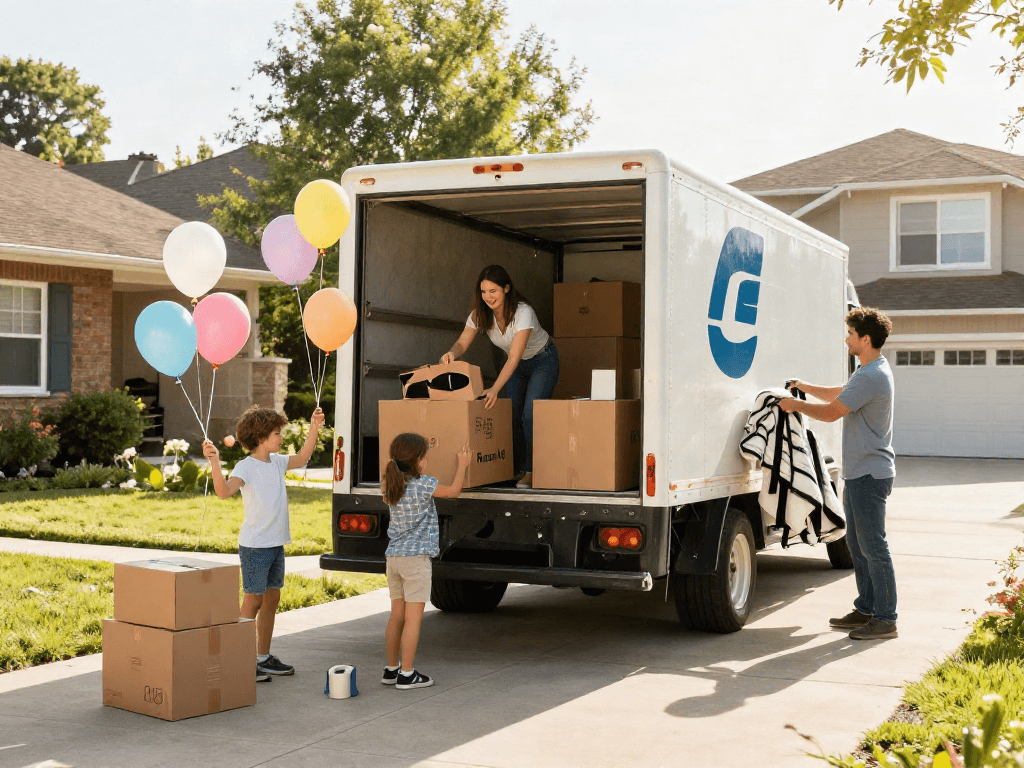 This family of movers packs boxes into their moving truck during a sunny afternoon.