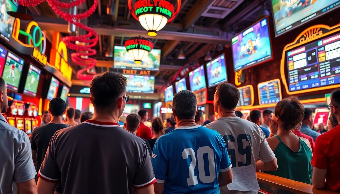 Engaged fans enjoying sports betting in Oklahoma at a lively casino with vibrant atmosphere.