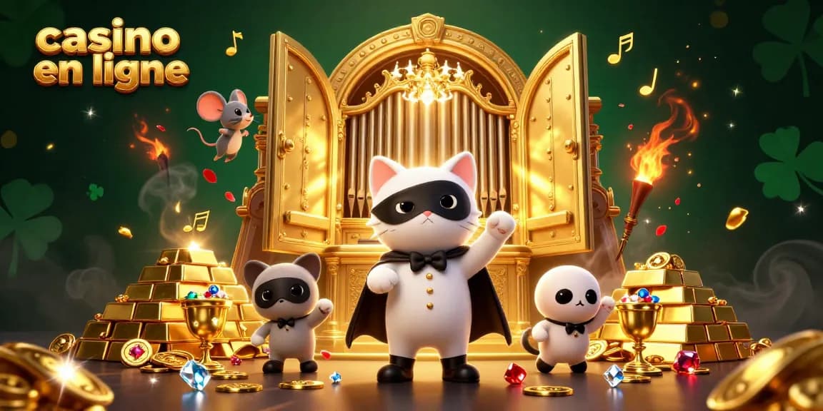 Le casino en ligne offre une scène animée avec un chat fantomatique et un acrobate souris, entourés d'éléments dorés.