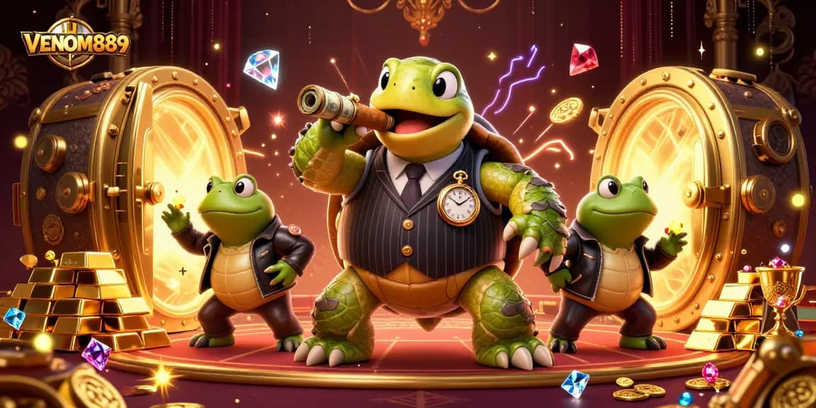 Experiencing the thrill of VENOM889 with dynamic casino characters and golden treasures.