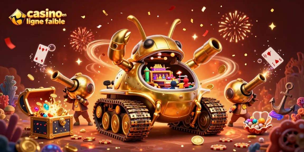 Visualiser un casino en ligne fiable avec un tank doré en 3D, des jeux et une ambiance festive.