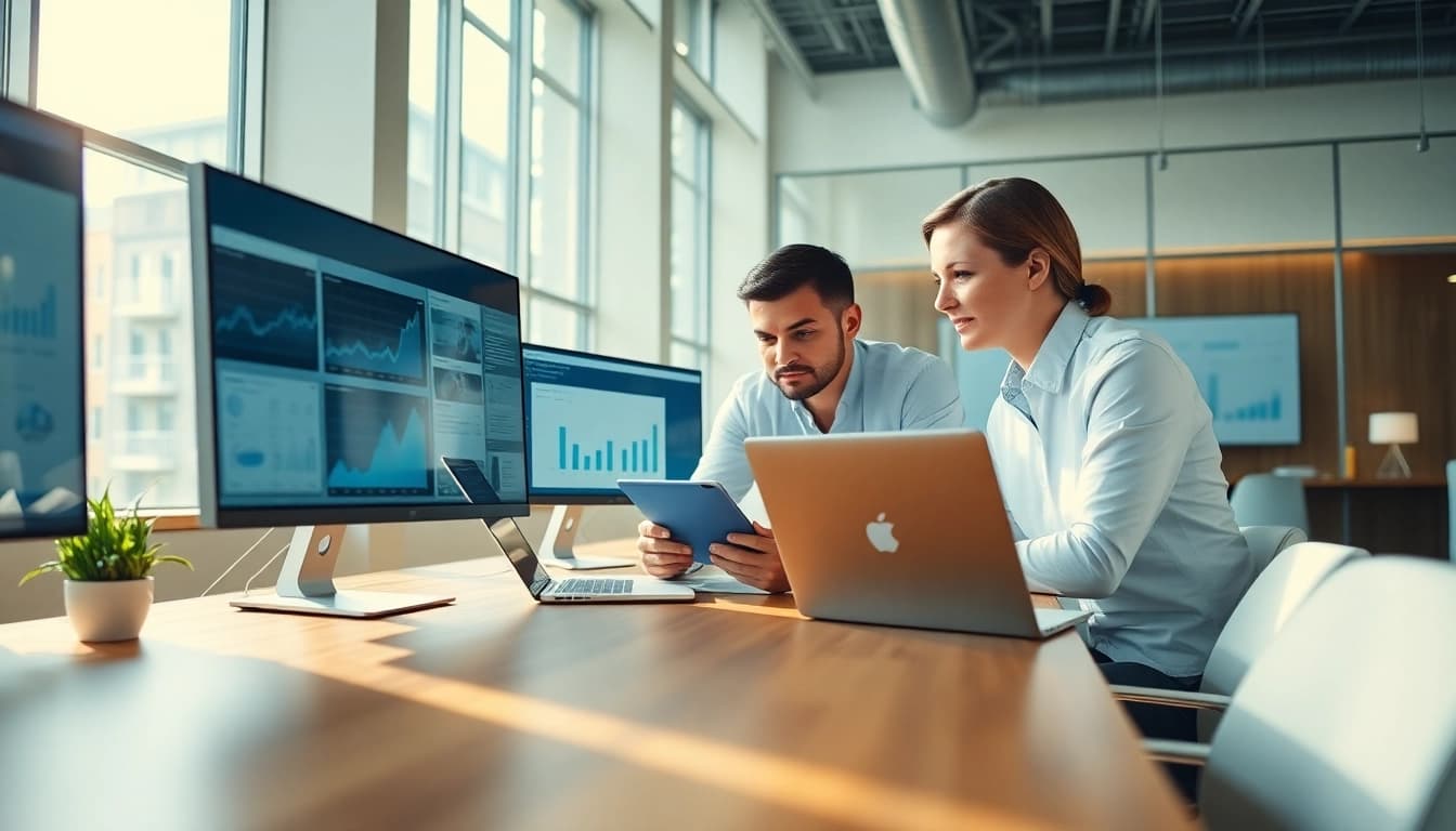 Digital marketing strategist analyzing data at https://press.farm in a contemporary office.