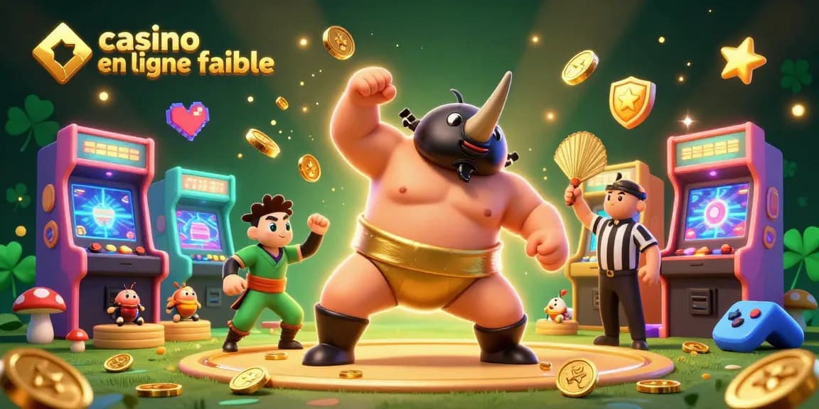 Capture d'une scène vibrante démontrant un casino en ligne fiable avec un champion de sumo et des machines à sous colorées.