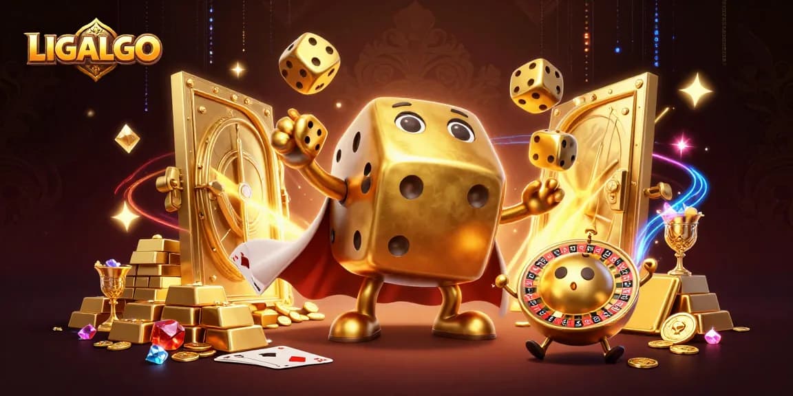 LIGALGO’s golden dice golem showcases an exciting gambling scene with vibrant treasures and dynamic elements.