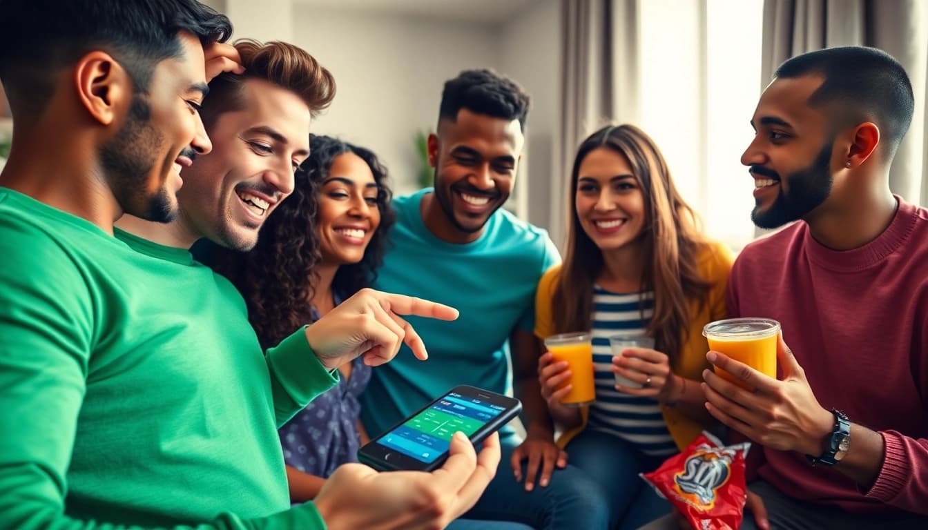 Engage with the best sports betting apps in India through an exciting social setting showcasing friends enjoying sports.