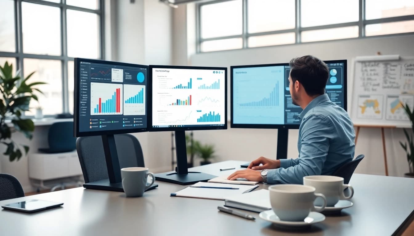 Analyze digital marketing strategies at https://eztips.com with a modern office backdrop and engaging atmosphere.