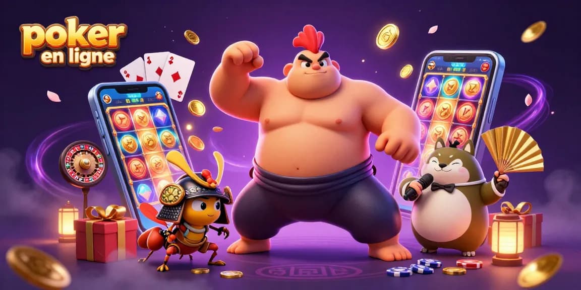 Joue au poker en ligne avec un sumo, un cricket et un tanuki dans une scène festive