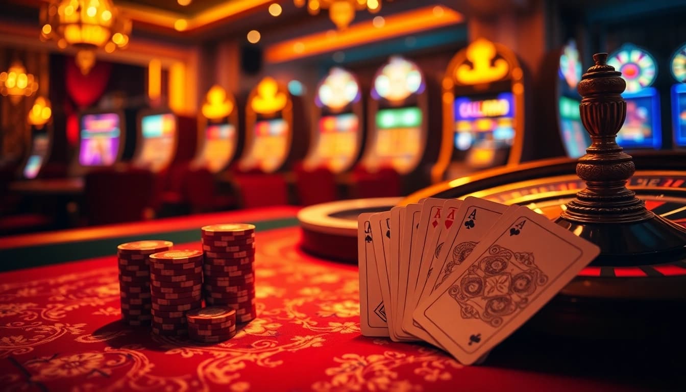Experience the thrill of gambling at https://mm88.fun/ with a luxurious poker table and vibrant slot machines.