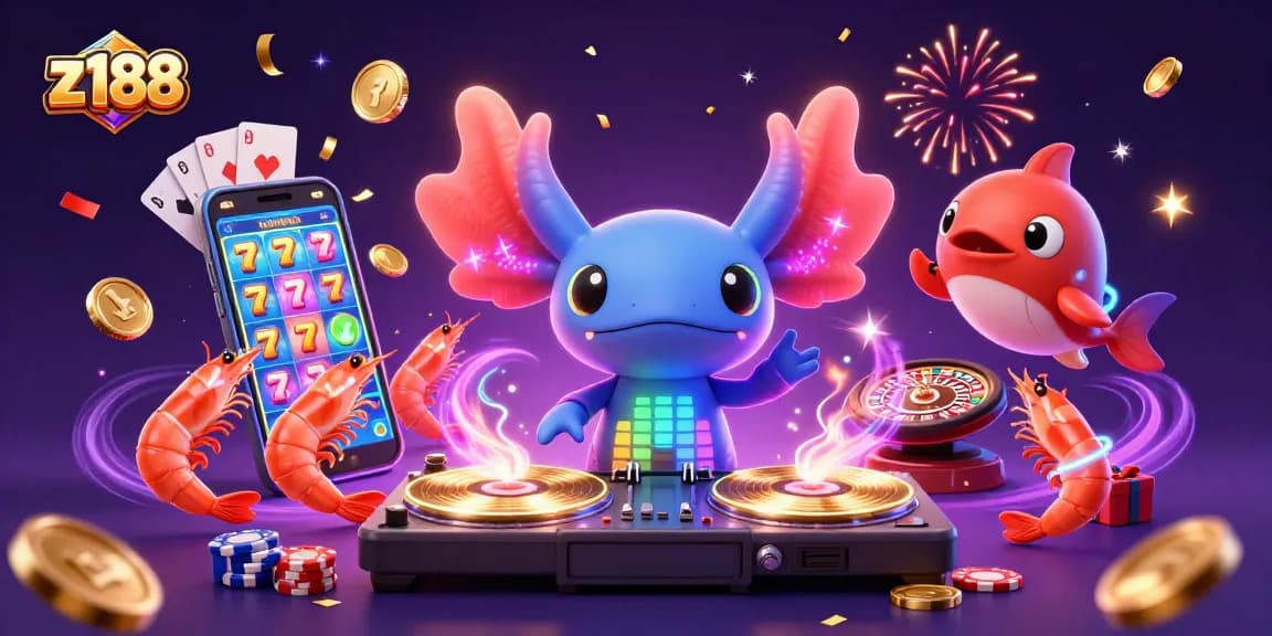 Experience z188's energetic casino atmosphere with a vibrant 3D DJ setup amidst slot game elements.