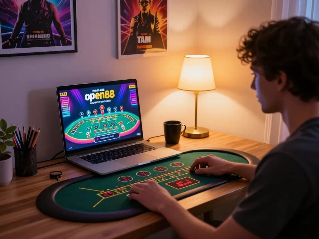 Person betting at nhà cái open88 in a modern home office environment, showcasing responsible gambling.