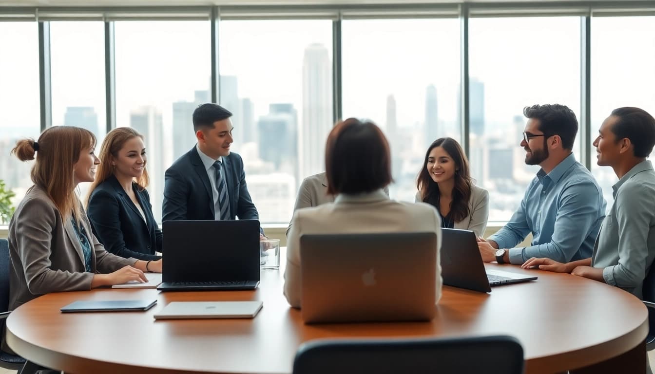 Engaged professionals discussing strategies for sales staffing platforms in an elegant office.