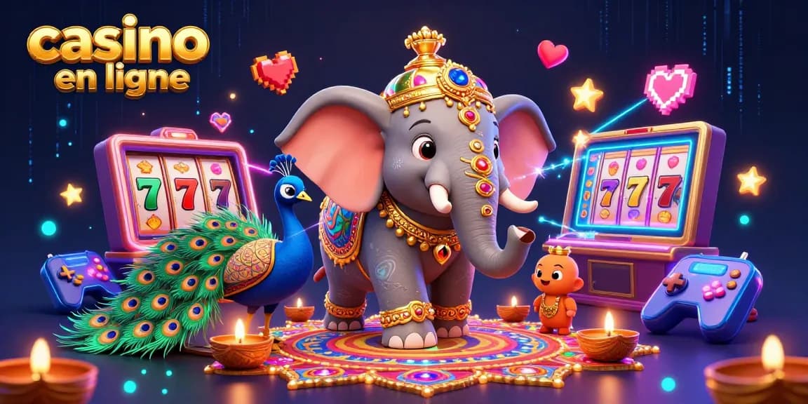 Découvrez une scène immersive de casino en ligne avec un éléphant décoré et des machines à sous colorées.