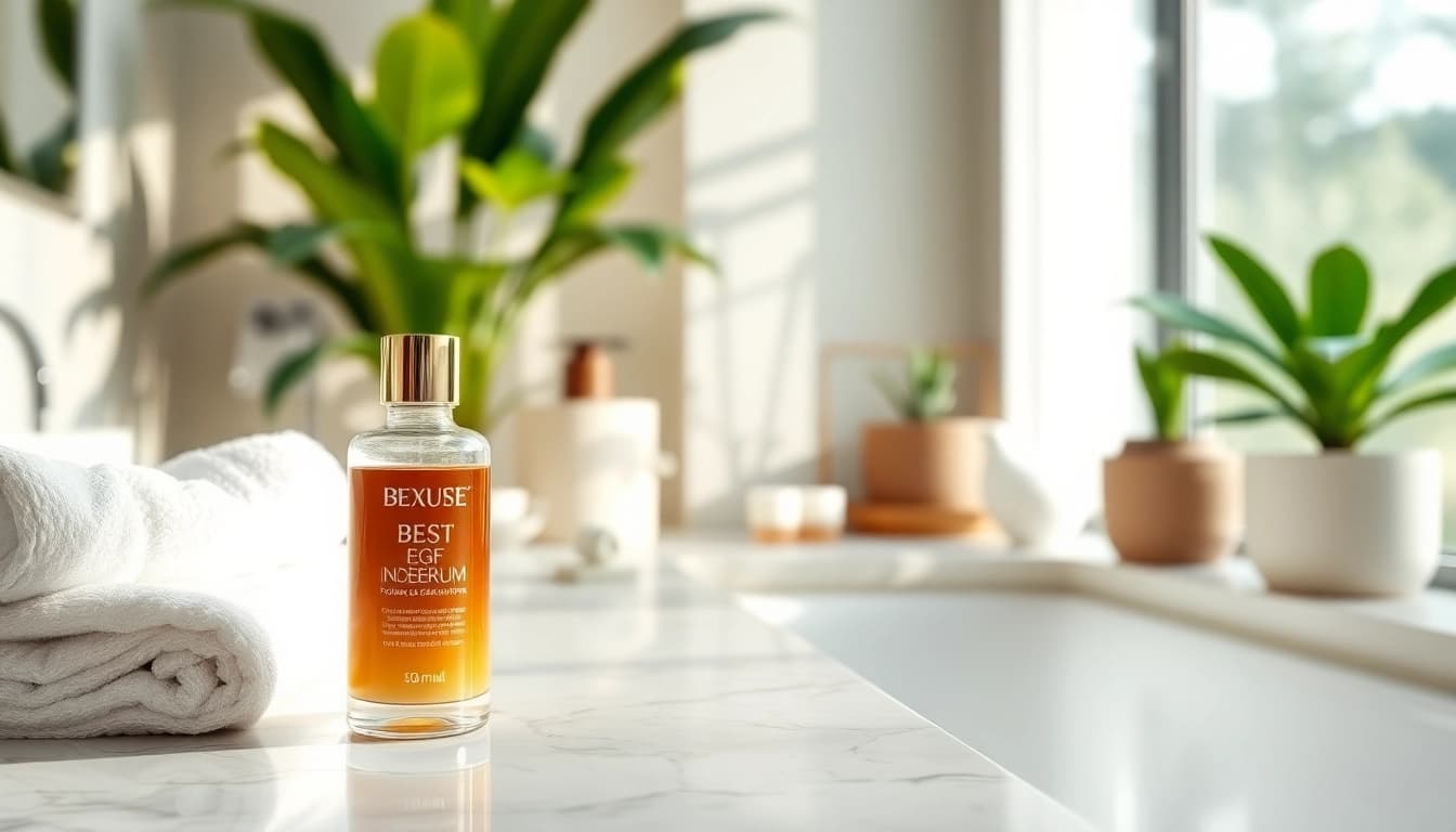 Applying the best EGF serum amidst a serene spa-like atmosphere for rejuvenated skin.