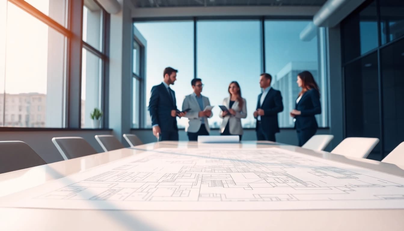 Engaging architectural consultation Boston with architects reviewing plans in a modern office setting.