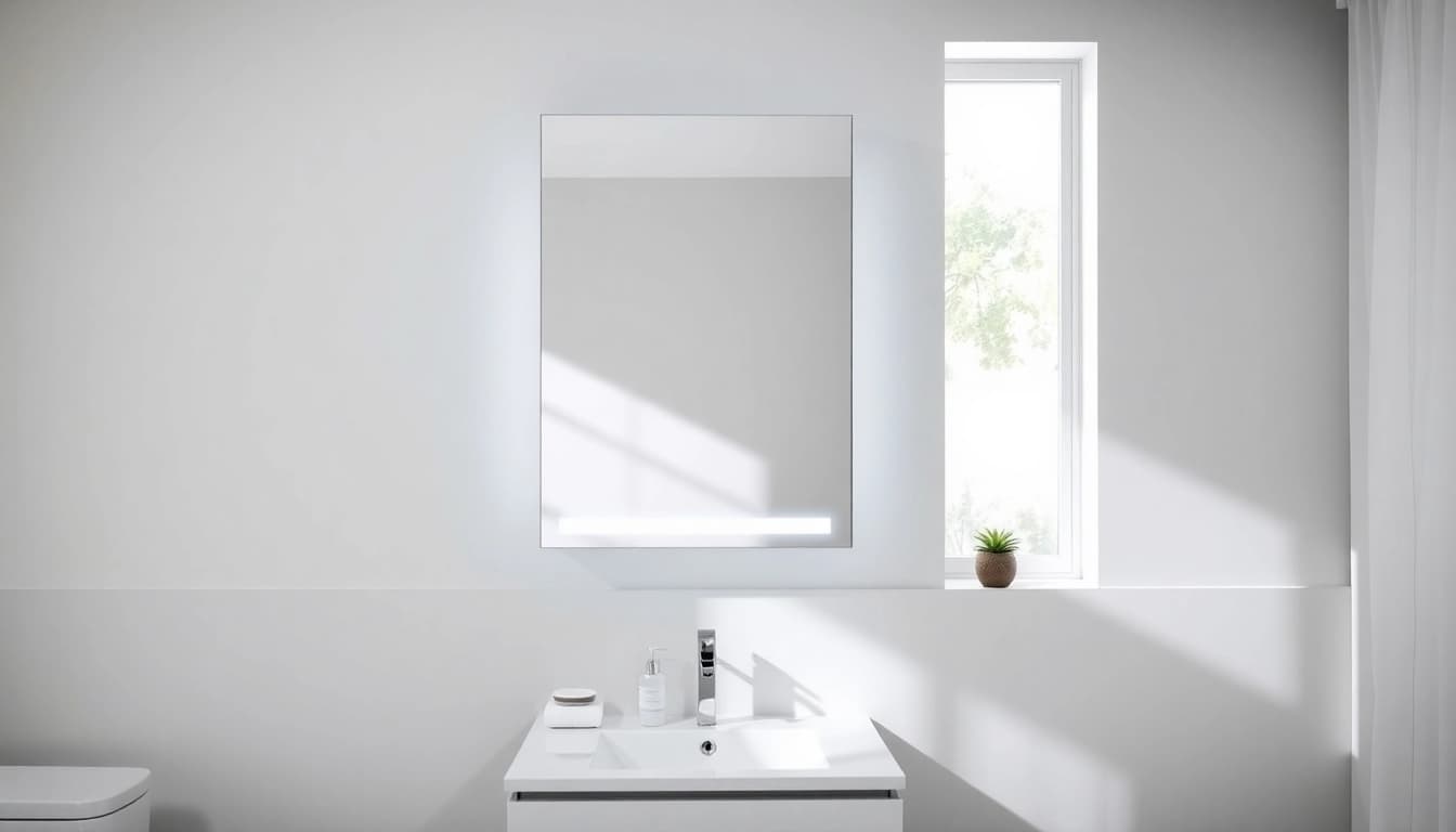 Showcasing a stylish bathroom cabinet with mirror and light integrated into an elegant modern setting.