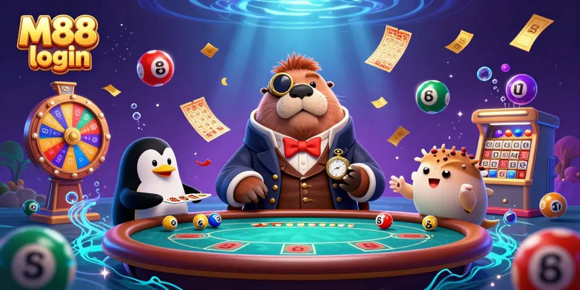 Experience the thrilling M88 login with a whimsical underwater poker scene featuring vibrant game elements.