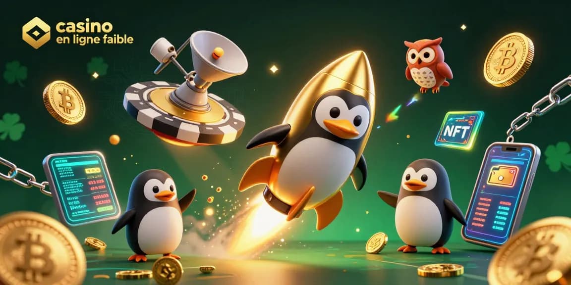 Gagnez des gains avec un casino en ligne fiable, illustré par un pingouin doré et des pièces de monnaie.