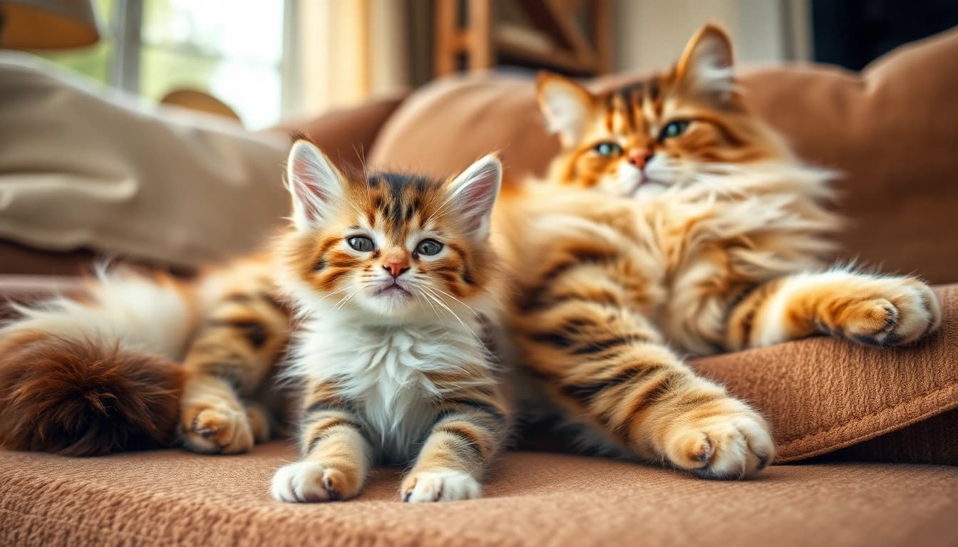 Maine Coon cats for sale near me showcasing a playful kitten and a majestic adult in a cozy room.