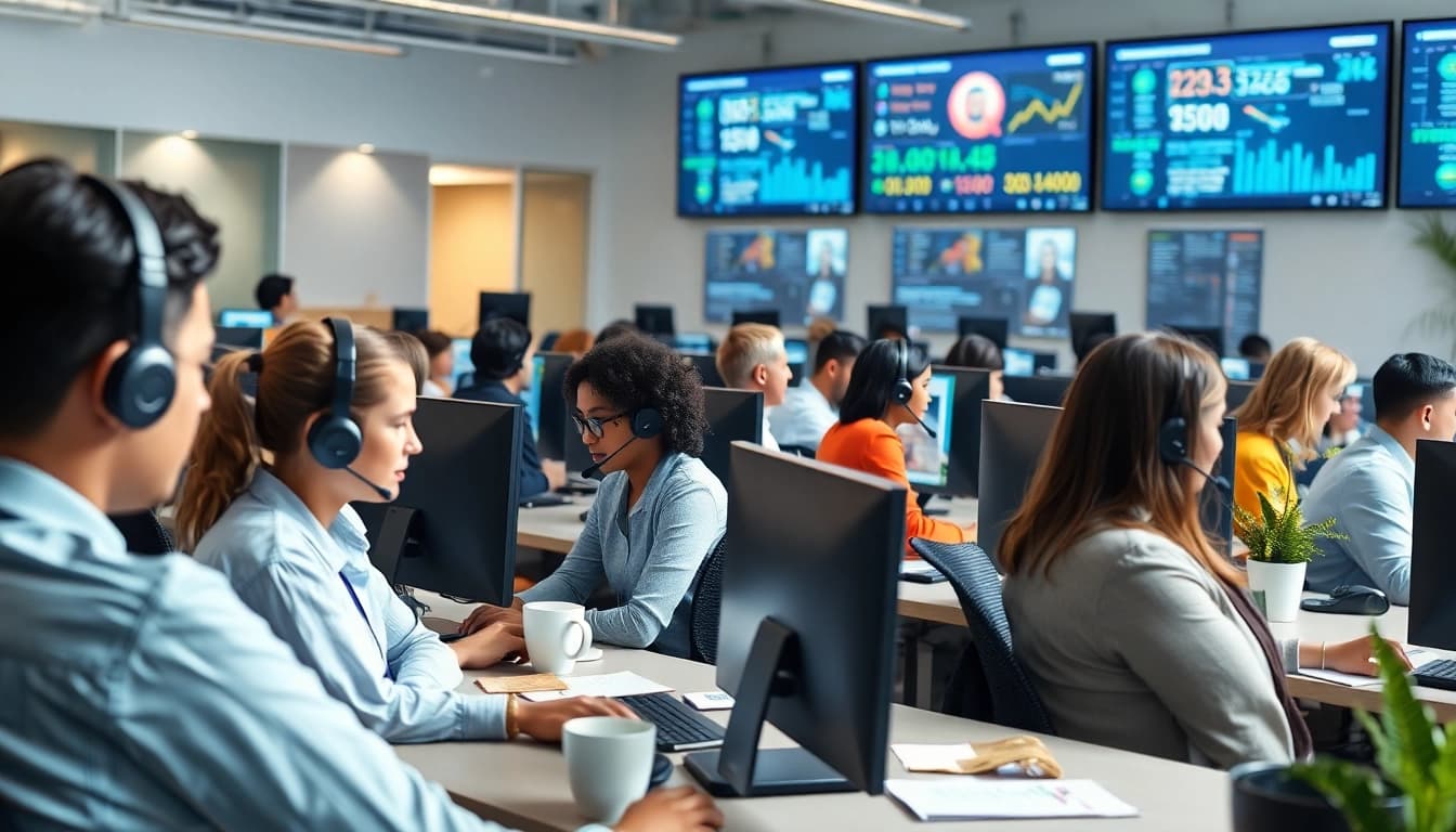Showcase of call center software professionals collaborating in a vibrant, tech-driven environment.